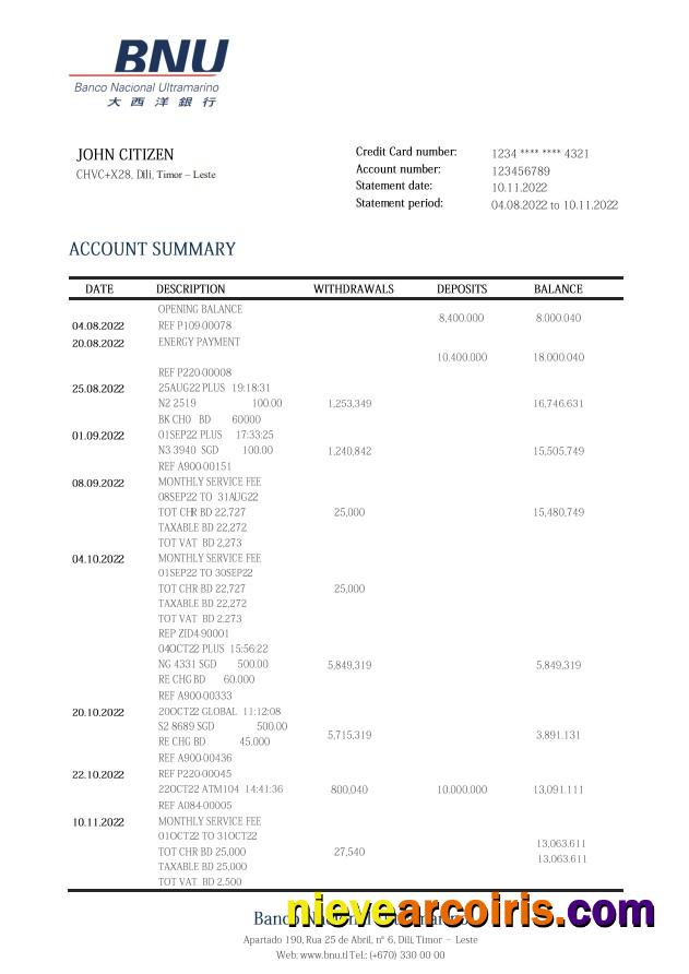 Timor-Leste BNU bank statement
